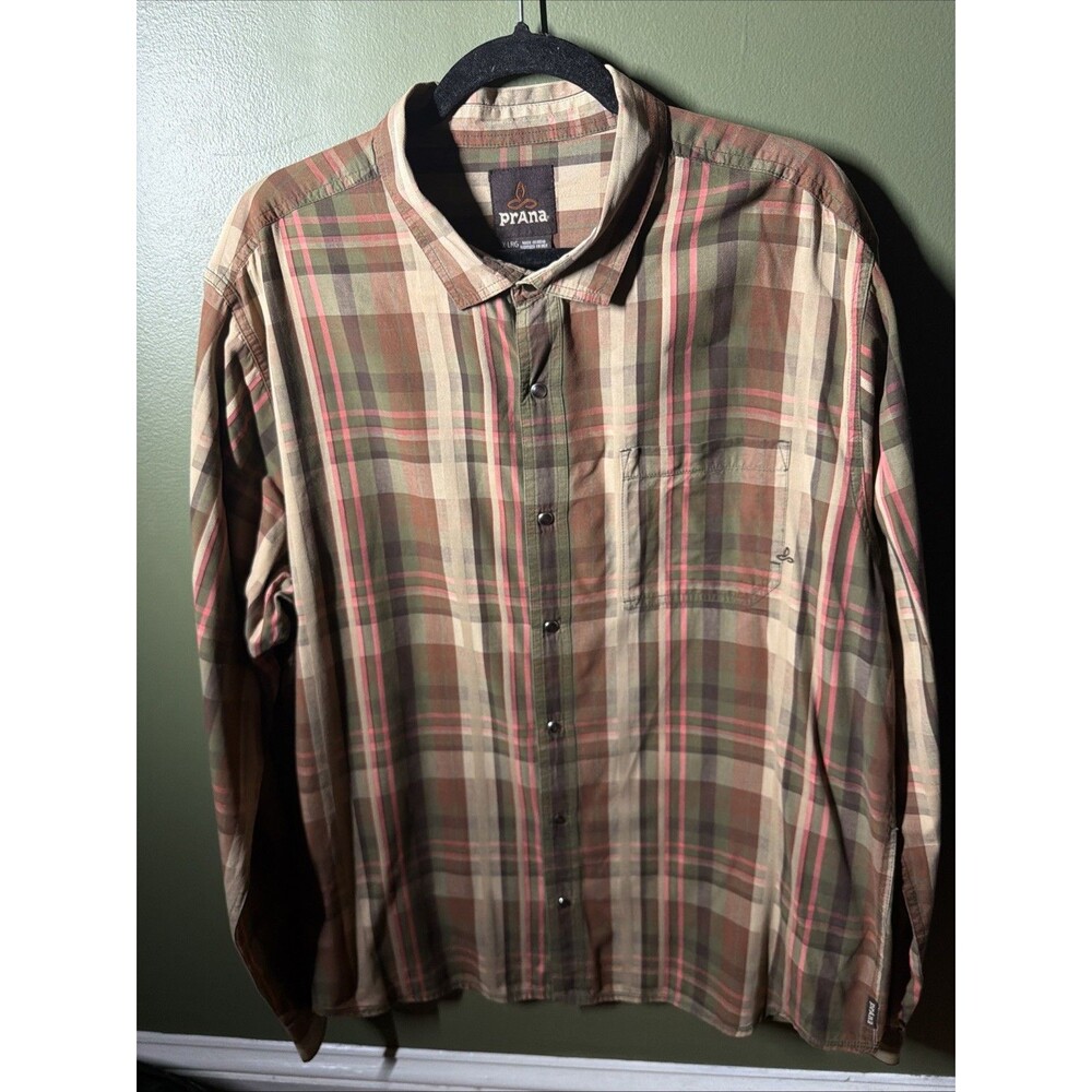 prAna Tamarak Men XL Plaid Pearl Snap Shirt Earth Tone Plaid Hiking Trail Casual